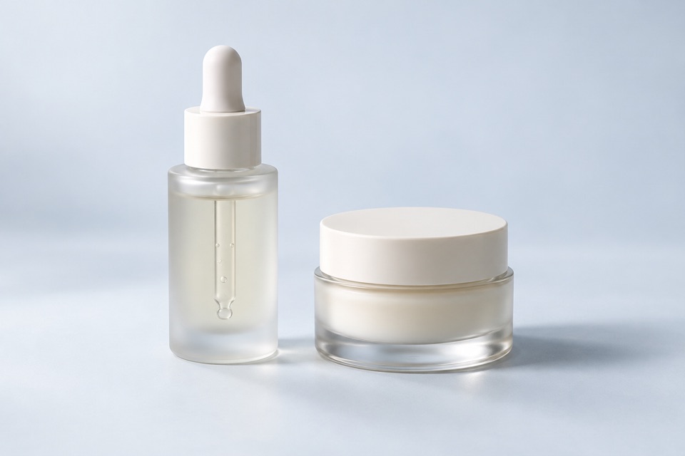 Flacone e vasetto cosmetico, concept illustrativo AI.