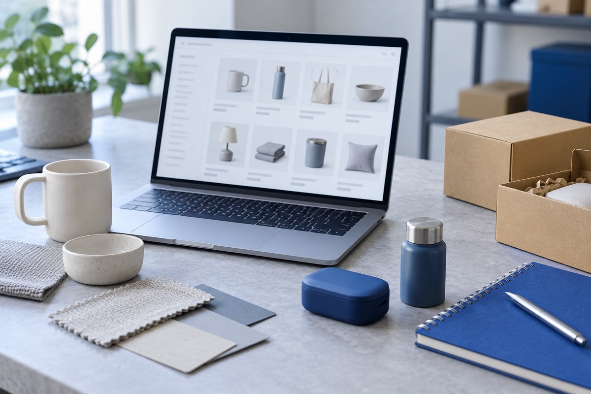 Scena illustrativa AI: laptop, catalogo generico e campioni per la ricerca di fornitori.